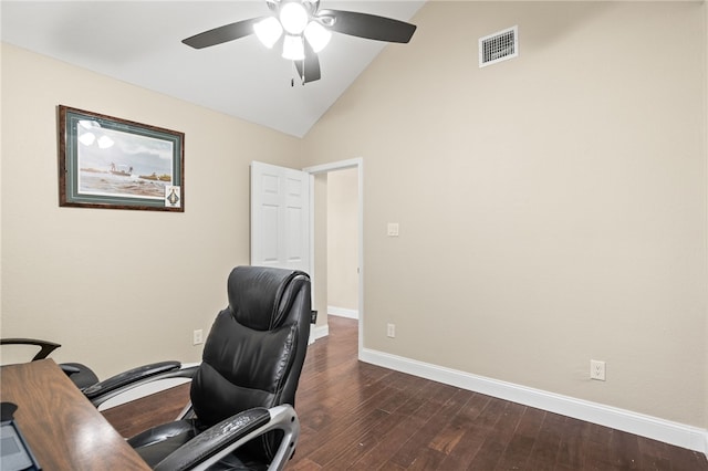 office featuring visible vents, dark wood-style floors, baseboards, lofted ceiling, and ceiling fan