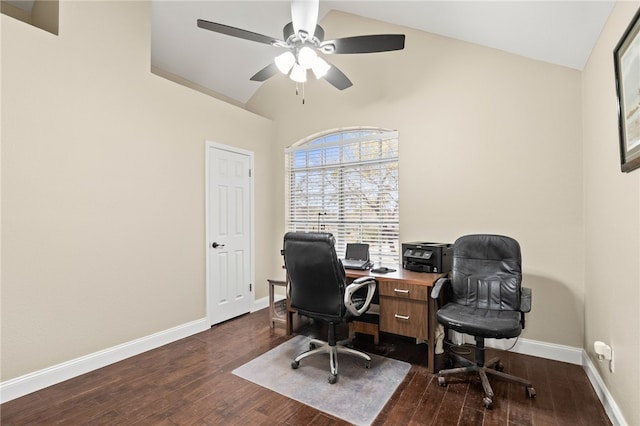 office with dark wood-style flooring, baseboards, ceiling fan, and vaulted ceiling