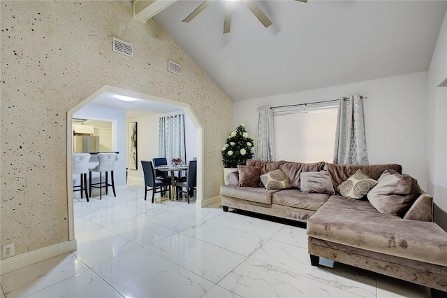 living room featuring ceiling fan, beam ceiling, and high vaulted ceiling