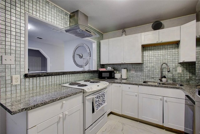 5434 Alejandro St, Corpus Christi, TX 78415 - kitchen featuring white electric range oven, island range hood, white cabinets, and light marble finish floors