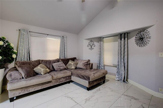 5434 Alejandro St, Corpus Christi, TX 78415 - living area with light marble finish floors and high vaulted ceiling