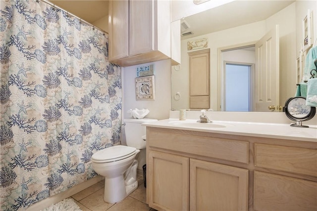 full bath with toilet, tile patterned flooring, and vanity