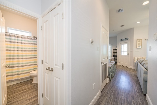 hallway with a healthy amount of sunlight and dark hardwood / wood-style floors