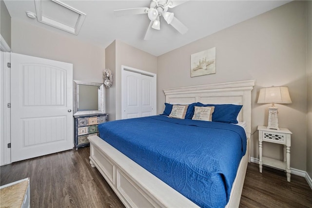 bedroom with dark hardwood / wood-style flooring, a closet, and ceiling fan