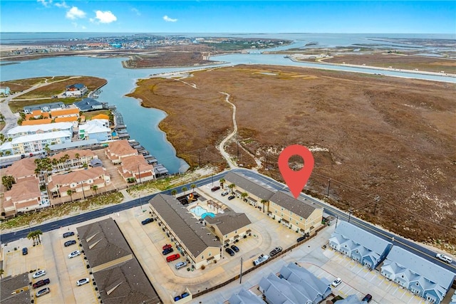 aerial view featuring a water view