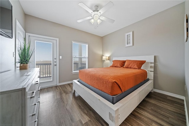 bedroom featuring dark wood-type flooring, ceiling fan, and access to exterior