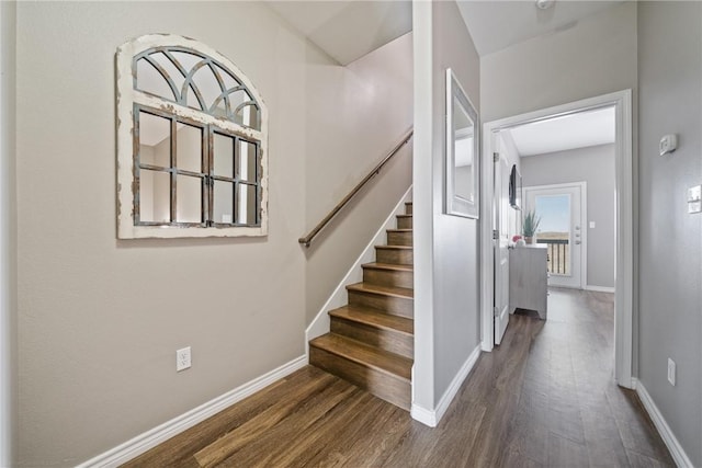 stairs with hardwood / wood-style flooring