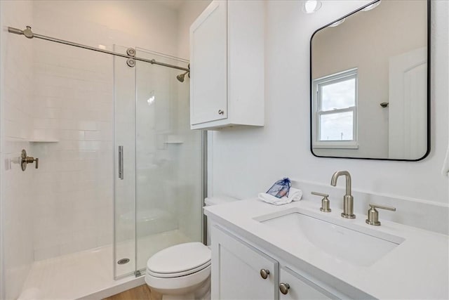 bathroom featuring vanity, an enclosed shower, and toilet