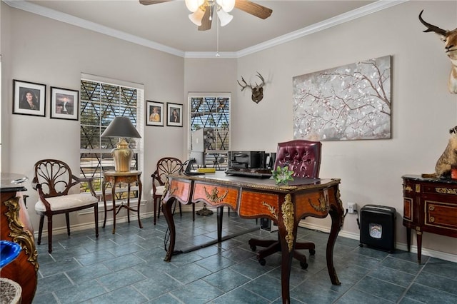 office space featuring ceiling fan, ornamental molding, and baseboards