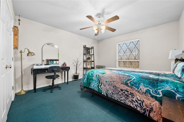 carpeted bedroom featuring ceiling fan and baseboards