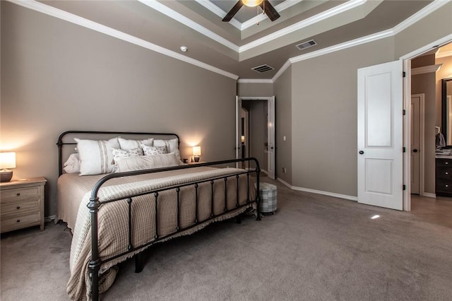 bedroom featuring crown molding, ceiling fan, and carpet