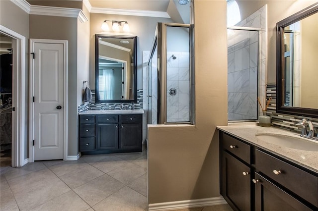 bathroom featuring a shower with shower door, decorative backsplash, tile patterned flooring, vanity, and ornamental molding