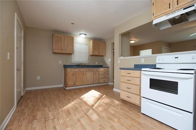 1005 Ronald Dr, Corpus Christi, TX 78412 - kitchen with white electric range oven, under cabinet range hood, light wood finished floors, light brown cabinetry, and dark countertops