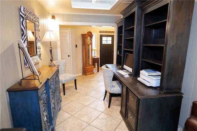 tiled home office with ornamental molding