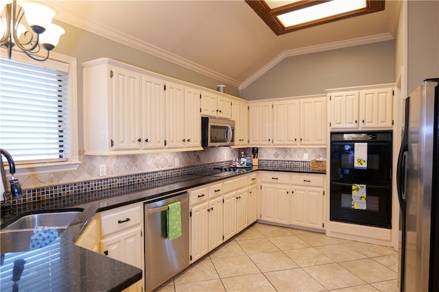 kitchen featuring white cabinetry, light tile patterned floors, black appliances, and vaulted ceiling