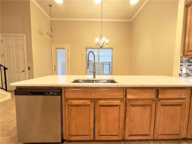 kitchen with sink, stainless steel dishwasher, a notable chandelier, backsplash, and crown molding