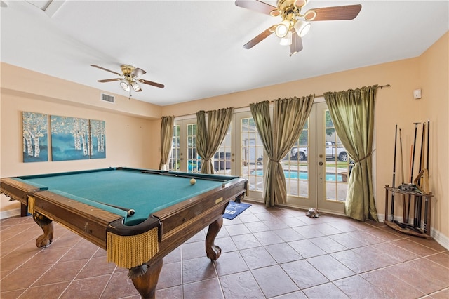 game room with french doors, pool table, ceiling fan, and tile patterned floors