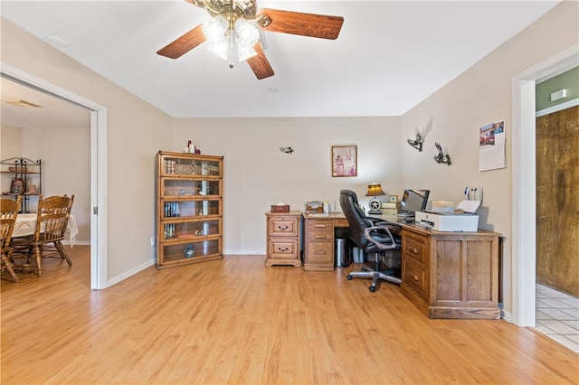 office space featuring light wood-type flooring and ceiling fan