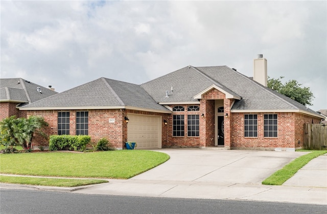 ranch-style house with a garage and a front yard