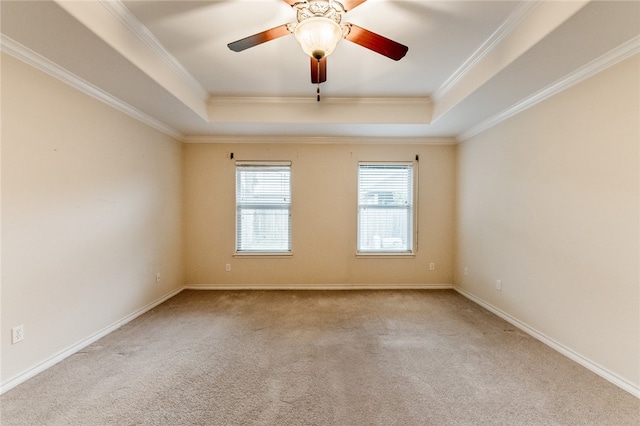 empty room featuring light colored carpet, a raised ceiling, and ornamental molding