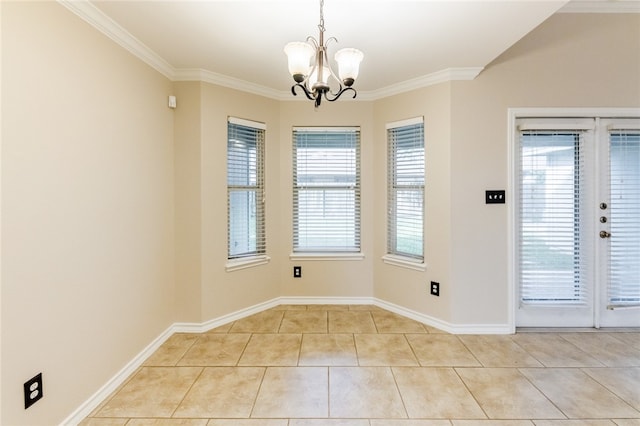 unfurnished dining area featuring crown molding, light tile patterned floors, and a notable chandelier