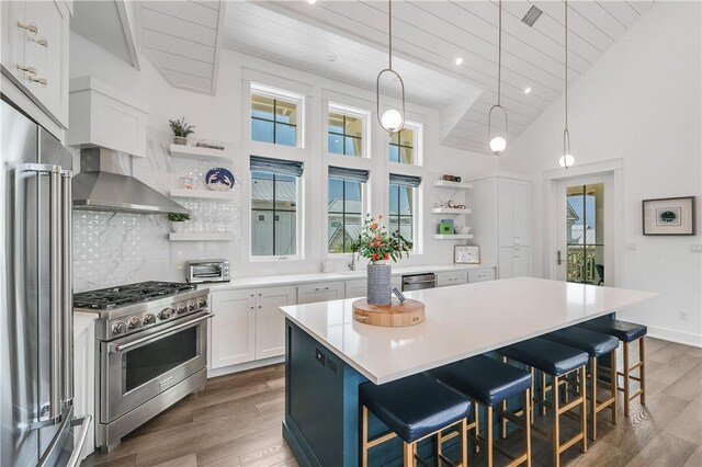 kitchen with high quality appliances, open shelves, wood ceiling, wood finished floors, and high vaulted ceiling