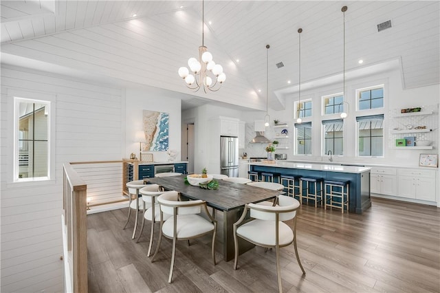 dining room featuring high vaulted ceiling, wood finished floors, a chandelier, wood ceiling, and recessed lighting