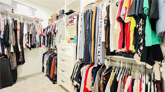 walk in closet featuring light carpet