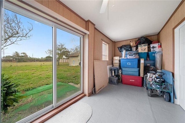 storage area featuring ceiling fan