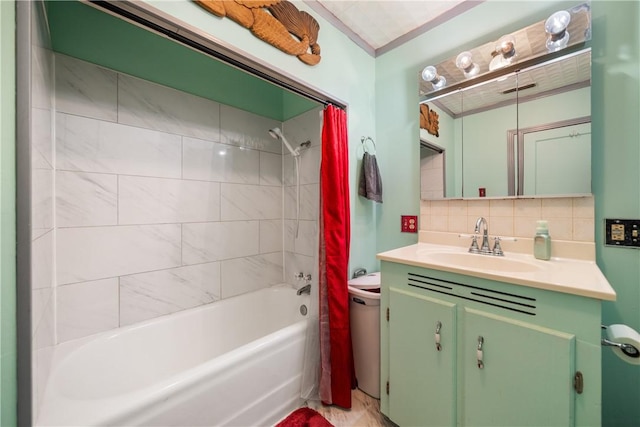 bathroom with vanity, shower / tub combo, and backsplash