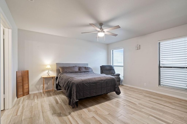 bedroom featuring ceiling fan and light wood-type flooring