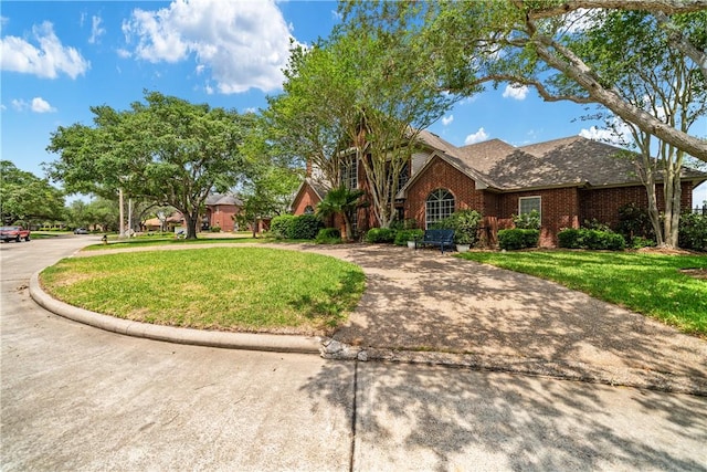 view of front of house featuring curved driveway, brick siding, and a front yard
