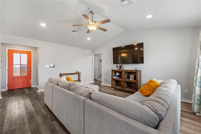 702 W 1st St, Bishop, TX 78343 - living area featuring lofted ceiling, baseboards, dark wood-style floors, visible vents, and ceiling fan