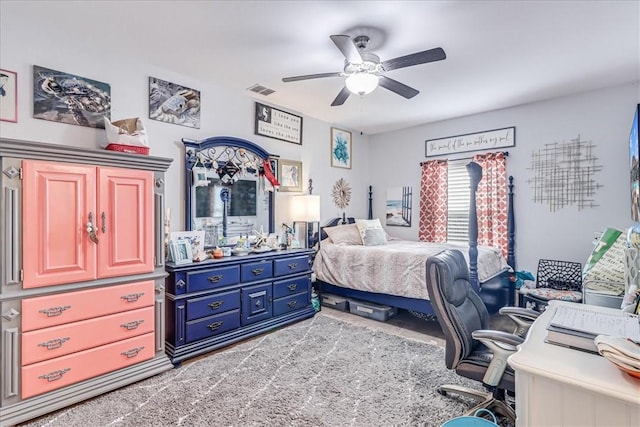 bedroom featuring visible vents and a ceiling fan