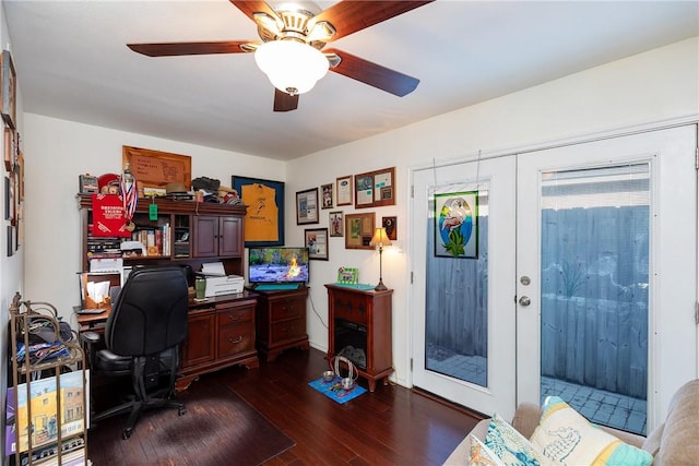 office with ceiling fan and dark wood-type flooring