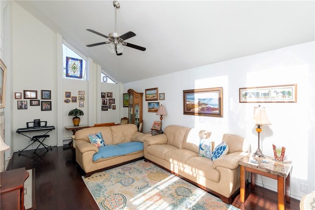 living area featuring hardwood / wood-style floors, high vaulted ceiling, a ceiling fan, and baseboards