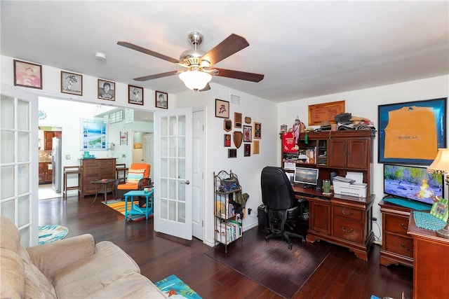 office featuring dark wood finished floors, ceiling fan, french doors, and visible vents