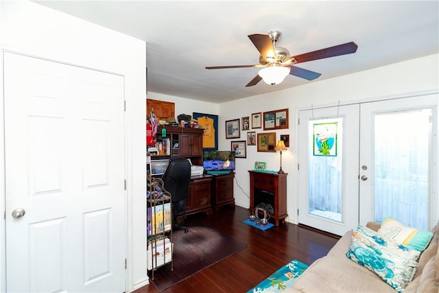 office space featuring ceiling fan, french doors, and dark wood finished floors