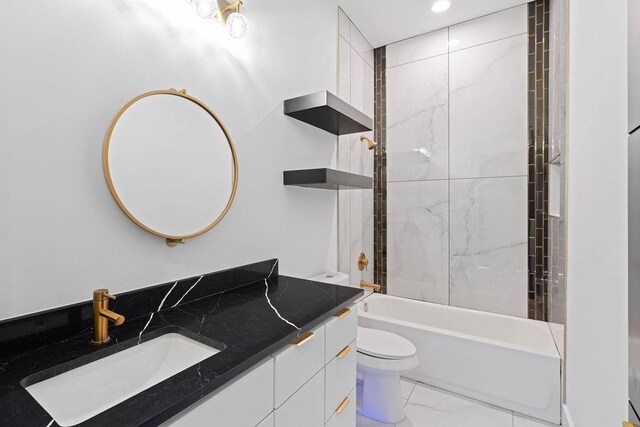 5402 Bonanza Dr, Corpus Christi, TX 78414 - bathroom with toilet, vanity, marble look tile flooring, shower / bath combination, and recessed lighting