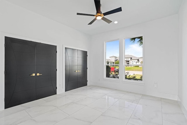 5402 Bonanza Dr, Corpus Christi, TX 78414 - unfurnished bedroom featuring light marble finish flooring, elevator, recessed lighting, baseboards, and ceiling fan