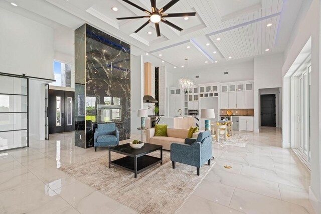 5402 Bonanza Dr, Corpus Christi, TX 78414 - common area with a high ceiling, recessed lighting, coffered ceiling, and beam ceiling