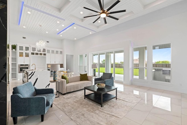 5402 Bonanza Dr, Corpus Christi, TX 78414 - living area featuring recessed lighting, a towering ceiling, beamed ceiling, coffered ceiling, and ceiling fan