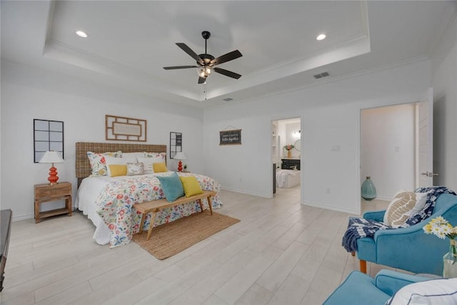 104 Emerald St, Portland, TX 78374 - bedroom with a raised ceiling, light wood-type flooring, recessed lighting, baseboards, and ornamental molding