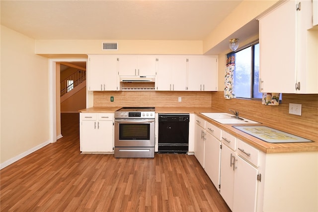 kitchen featuring electric stove, dishwasher, decorative backsplash, white cabinets, and sink