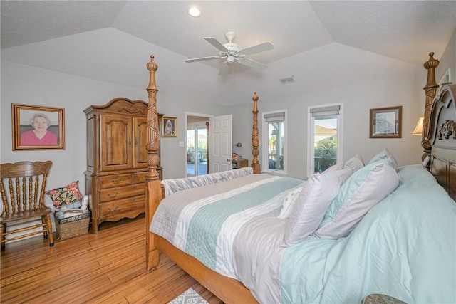 bedroom with multiple windows, vaulted ceiling, light hardwood / wood-style floors, and a raised ceiling