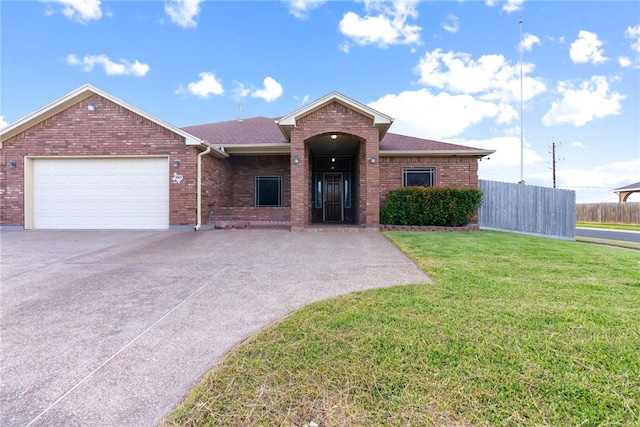 single story home with a garage and a front yard