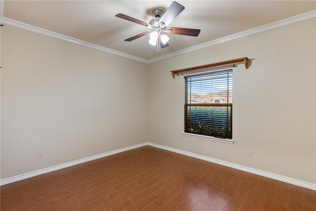 unfurnished room with ornamental molding, hardwood / wood-style floors, and ceiling fan