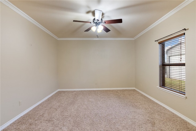 spare room featuring ceiling fan, carpet flooring, and crown molding