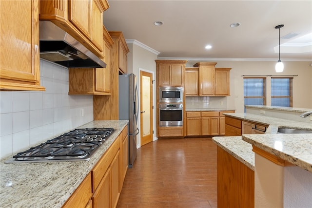 kitchen featuring stainless steel appliances, sink, light stone counters, custom range hood, and dark wood-type flooring