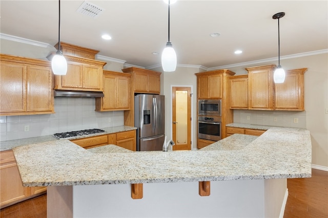 kitchen featuring stainless steel appliances, hanging light fixtures, light wood-type flooring, and decorative backsplash